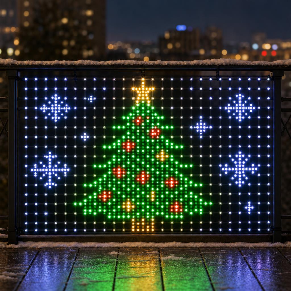 SmartPixel LED curtain showing a glowing Christmas tree on a snowy balcony